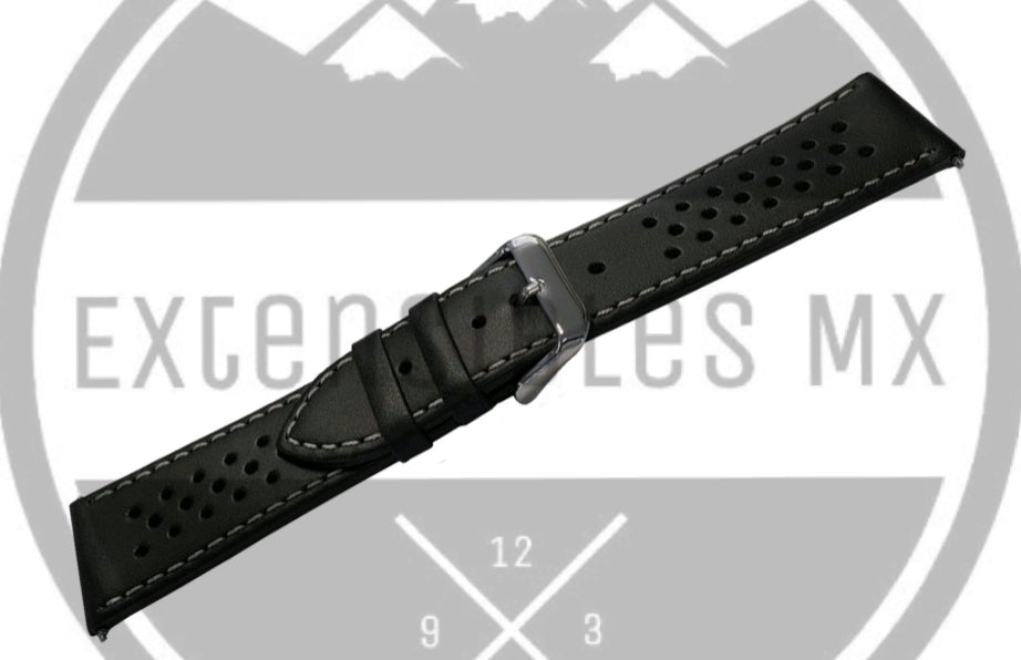 Correa Racing Clásica Piel Negra Costura Blanca